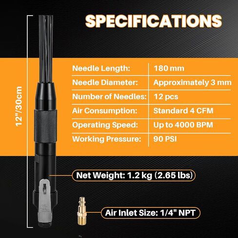 MAOPINER Compact Air Needle Scaler, Pneumatic Rust & Paint Removal Tool | 12-Piece Air Powered Weld Removal Tool with 3mm Hardened Steel Needles, 1/4" NPT Fitting for Metal Surface Cleaning in Kuwait