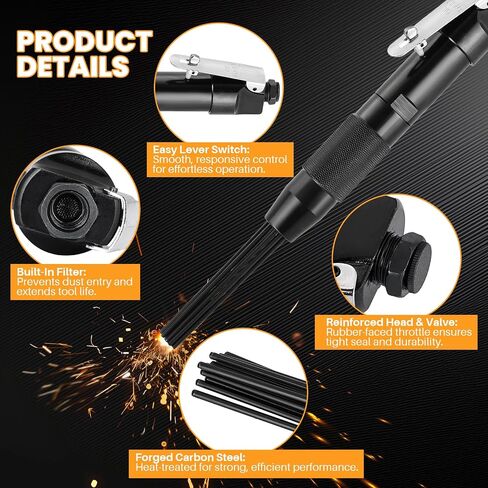 MAOPINER Compact Air Needle Scaler, Pneumatic Rust & Paint Removal Tool | 12-Piece Air Powered Weld Removal Tool with 3mm Hardened Steel Needles, 1/4" NPT Fitting for Metal Surface Cleaning in Kuwait
