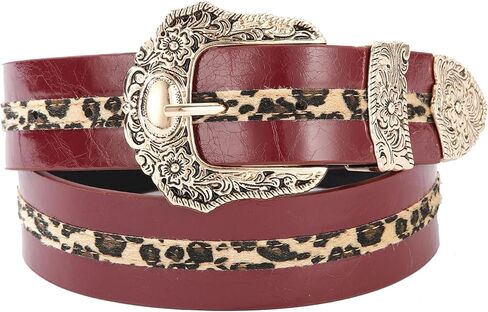CLeemuziN Women's Red Western Belts Vintage Carved Buckle Leopard Cowgirl Belt for Country Jeans Waist 25-40" in Saudi Arabia