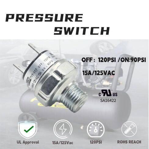 90-120PSI Pressure Switch, UL Certified,1/4" NPT Male Thread, 15A/125VAC Air Compressor Switch for Train Horn Air Tank Suspension System (DC 12V/24V AC 110V-240V) (1) in Kuwait