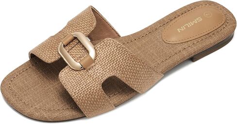 Raffia Sandals for Women, Woven Slides Flat Summer Vacation Beach Shoes | Breathable Woven Sandals & Rattan Flat Sandals for Women, Comfy Gold Buckle Slides for Women, Summer Beach Vacation Shoes in Kuwait