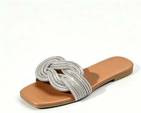 Women's Flat Slide Sandals Square Toe Rhinestone woven Summer Dressy Casual | Elegant knot. Slip on. Soft & breathable. Comfortable & light. Non-slip sole. Great for summer, casual, dressy, chic & beach in Kuwait