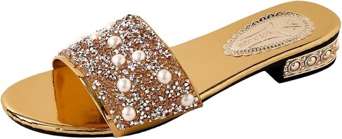 OYOANGLE Women's Pearl Rhinestone Metallic Slide Sandals Open Toe Slip on Flat Slides Dressy Summer Shoes in Kuwait