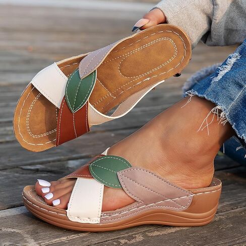 Women's Wedge Sandals Leaf Pattern Criss Cross Slip On Casual Slide Shoes in Kuwait
