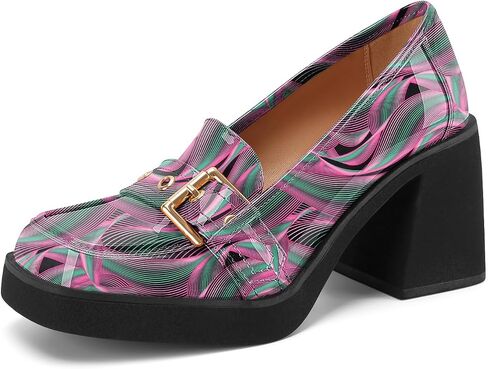 Z.Oufeier Platform Chunky Loafers for Women Slip-On Patent Leather Square Closed Toe Block Heel Pumps Retro Fashion Office School Casual Dress Shoes with Buckle in Kuwait