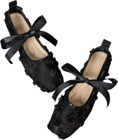 OYOANGLE Women's Lace Mesh Ballet Flat 3D Floral Bow Square Toe Ballerina Flats Slip on Dress Shoes in Kuwait