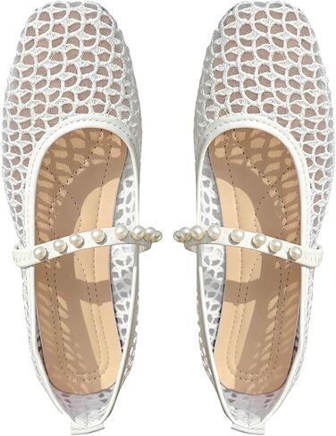GORGLITTER Women's Mesh Ballet Flat Shoes Dressy Sheer Closed Square Toe Pearl Strap Wedding Party Work Ballerina Flats in Kuwait
