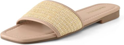 Women's Slides Flat Sandals Raffia Square Toe Comfortable Summer Beach Dressy Shoes in Kuwait