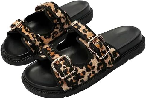 Women's Leopard Metal Buckle Non Slip Beach Flip Flops Flat Sandals Slides in Kuwait