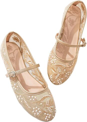 MakeMeChic Women's Studded Mesh Ballet Flats Floral Round Toe Flat Shoes | Elegant in Kuwait