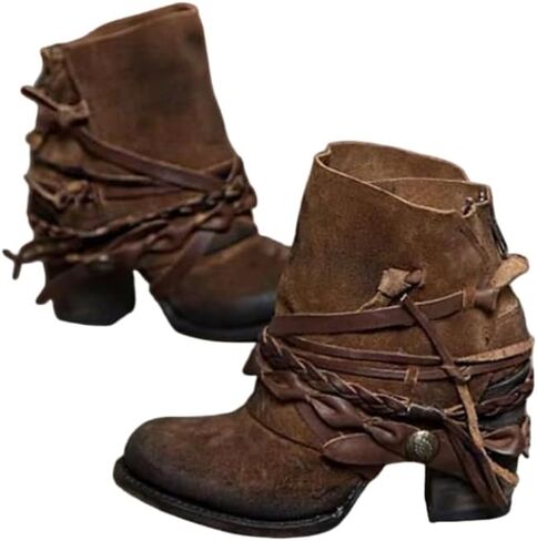 Women's Suede Ankle Boots Chunky Heel Ankle Booties Back Zipper Vintage Western Boots for Ladies - Bohemian, Casual, Formal Outfits in Kuwait