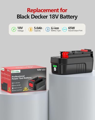 [USB-C Fast Charge] 18V 5.0Ah Lithium Battery Replace for Black and Decker 18V Battery With 65W USB-C Port, Compatible with Black and Decker 18V Power Tool Battery 244760-00 HPB18 A1718 HPB18-OPE in Kuwait