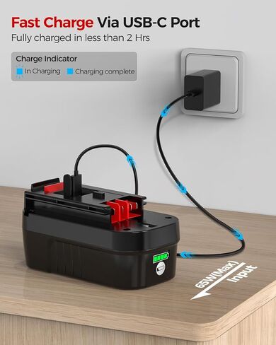[USB-C Fast Charge] 18V 5.0Ah Lithium Battery Replace for Black and Decker 18V Battery With 65W USB-C Port, Compatible with Black and Decker 18V Power Tool Battery 244760-00 HPB18 A1718 HPB18-OPE in Kuwait