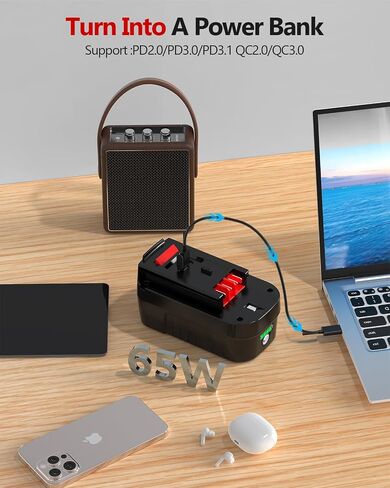 [USB-C Fast Charge] 18V 5.0Ah Lithium Battery Replace for Black and Decker 18V Battery With 65W USB-C Port, Compatible with Black and Decker 18V Power Tool Battery 244760-00 HPB18 A1718 HPB18-OPE in Kuwait