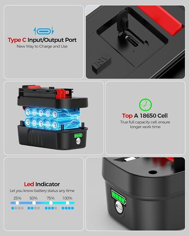 [USB-C Fast Charge] 18V 5.0Ah Lithium Battery Replace for Black and Decker 18V Battery With 65W USB-C Port, Compatible with Black and Decker 18V Power Tool Battery 244760-00 HPB18 A1718 HPB18-OPE in Kuwait