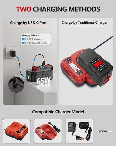 [USB-C Fast Charge] 18V 5.0Ah Lithium Battery Replace for Black and Decker 18V Battery With 65W USB-C Port, Compatible with Black and Decker 18V Power Tool Battery 244760-00 HPB18 A1718 HPB18-OPE in Kuwait