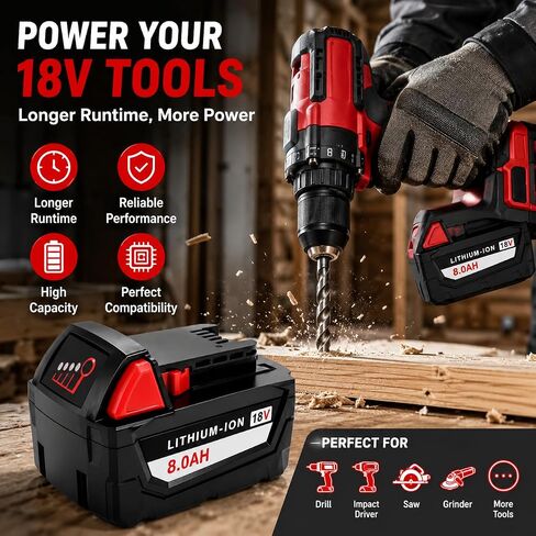 18V 8.0Ah Battery Compatible with Milwaukee M18 48-11-1860, 2-Pack 18 Volt Lithium ion Replacement Battery for Milwaukee 18V Cordless Tools, High Output Power Tool Battery with LED Indicator in Kuwait