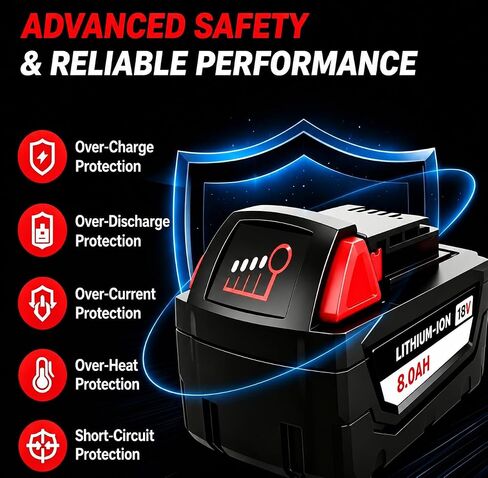 18V 8.0Ah Battery Compatible with Milwaukee M18 48-11-1860, 2-Pack 18 Volt Lithium ion Replacement Battery for Milwaukee 18V Cordless Tools, High Output Power Tool Battery with LED Indicator in Kuwait