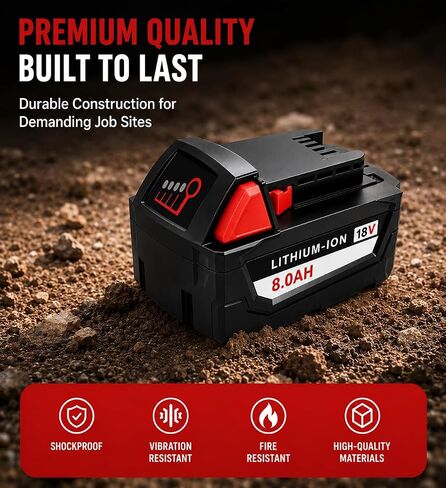 18V 8.0Ah Battery Compatible with Milwaukee M18 48-11-1860, 2-Pack 18 Volt Lithium ion Replacement Battery for Milwaukee 18V Cordless Tools, High Output Power Tool Battery with LED Indicator in Kuwait