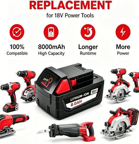 18V 8.0Ah Battery Compatible with Milwaukee M18 48-11-1860, 2-Pack 18 Volt Lithium ion Replacement Battery for Milwaukee 18V Cordless Tools, High Output Power Tool Battery with LED Indicator in Kuwait