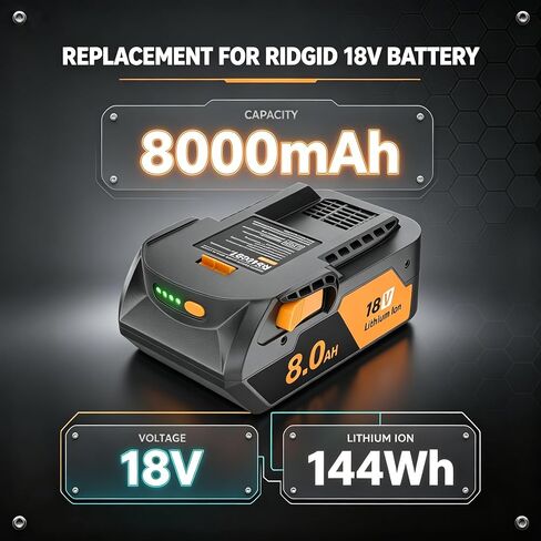 2-Pack 8000mAh for Ridgid 18V Battery and Charger Replacement R840085 | Battery with LED Replacement R840083 R840087 R840089 AC840085 AC840086 AC840087P AC840089, Also Fits All Ridgid 18V Tools in Kuwait