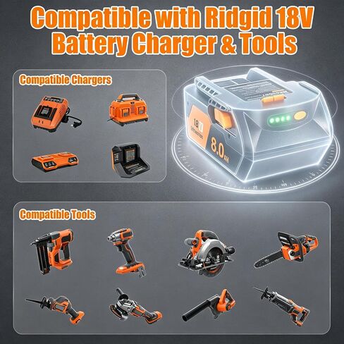 2-Pack 8000mAh for Ridgid 18V Battery and Charger Replacement R840085 | Battery with LED Replacement R840083 R840087 R840089 AC840085 AC840086 AC840087P AC840089, Also Fits All Ridgid 18V Tools in Kuwait