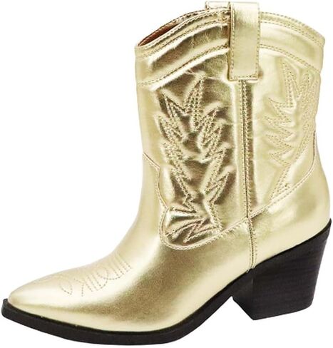BAMBOO Women's Cowboy Cowgirl Western Stitch Pull On Stacked Block Heel Pointed Toe Ankle Boots in Kuwait