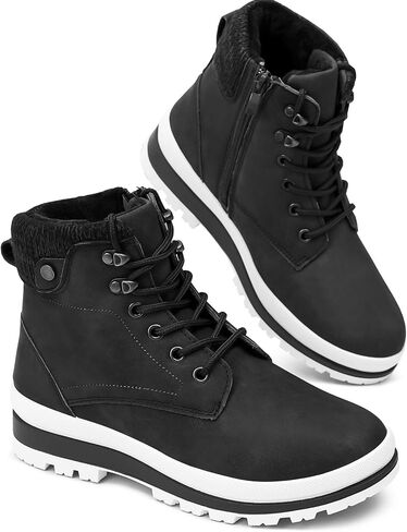 kufeiti Women's Waterproof Fur Lined Winter Boots Platform Black Combat Non Slip Boots with Side Zipper Snow Ankle Boots for Outdoor Hiking Work in Kuwait