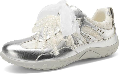 FINDVELL Women's Fashion Lace Detail Sneakers with Pearl Casual Sneaker Elegant Ribbon Lace Up Tennis Shoes Trendy Footwear Wedding Bride Dress Shoes in Kuwait