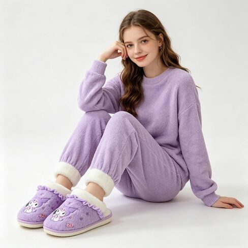 Roffatide Cartoon Purple Rabbit Cute Plush Open Back Floor Slippers Indoor Shoes Fuzzy Slippers with Rubber Sole for Women in Kuwait