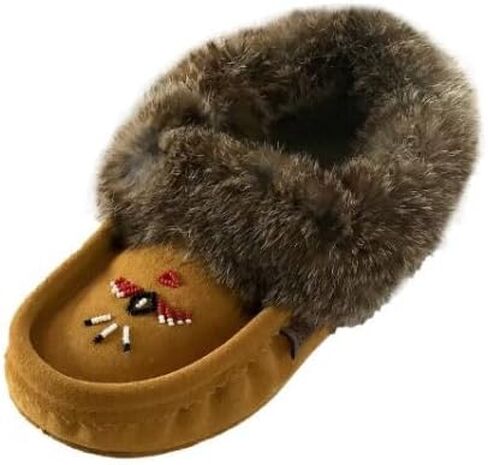 Laurentian Chief Women's Suede Slippers Rabbit Fur Collar Soft Sole Moccasins in Kuwait