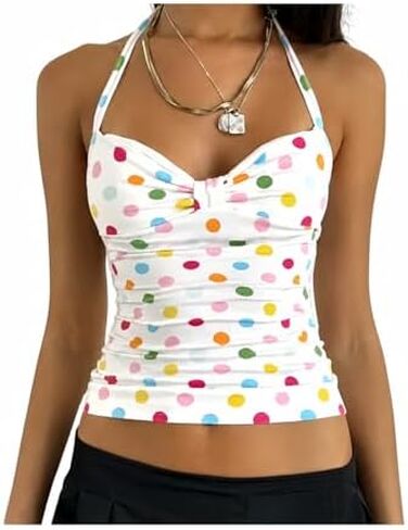 Erqiroc Y2K Polka Dot Halter Top for Women Colorful Backless Sleeveless Tie Neck Tank Summer Aesthetic Shirt in Saudi Arabia