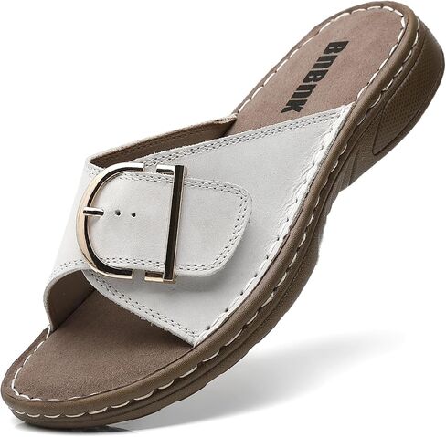 Women's Genuine Leather Slide Sandals with Adjustable Arch Support | Premium first-layer cowhide, adjustable hook and loop strap for wide feet, cushioned memory foam footbed for daily comfort in Kuwait