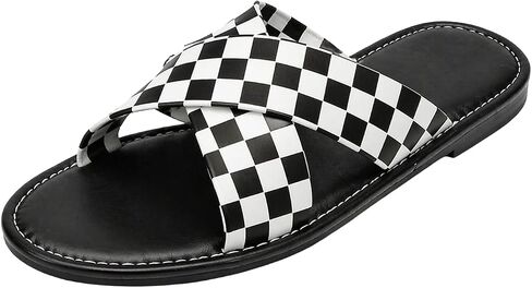 Checkered Sandals for Women Crisscross Strap Silde Sandals Summer Beach Slip on Checkered Slides Outdoor Vacation Resort Dressy Checkerboard Sandal Flats Comfort Walking in Kuwait