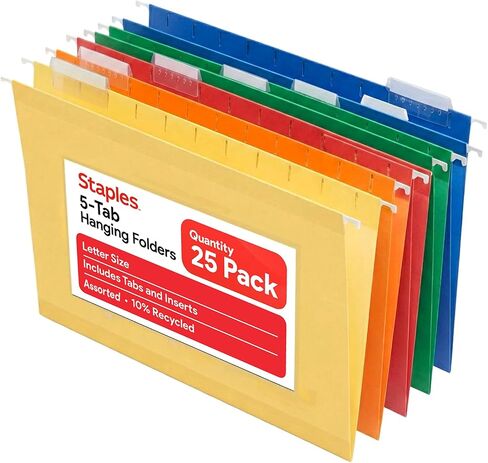 Staples Heavy Duty Hanging File Folders, 5-Tab, Letter Size, Assorted Colors, 25/Box in Saudi Arabia
