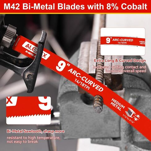 25 Pack 9 Inch 14/18 TPI Arc Curved Reciprocating Saw Blades for Metal Cutting, M42 Cobalt Bi-Metal Sawzall Blades for Automatic Dismantling and 1/16-5/16 inch Medium Metals, for Diablo Sawzall Blades in Kuwait