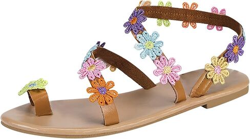 oiangi Flat Sandals for Women Dressy Summer,Fashion Casual Flowers Lace Straps Toe Ring Open Toe Slip On Slipper Lightweight Comfy Beach Shoes Flip Flops in Kuwait