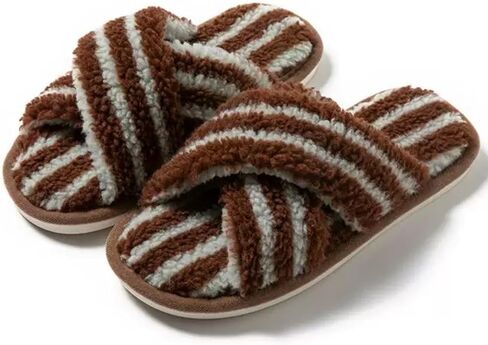 Women's Fuzzy Stripe Cross Band Slippers Plush Striped Open Toe House Shoes Soft Cozy Indoor Outdoor Spa Slides Teddy Fleece Gift Chic Clean Eye Catching Fahion Casual College Trendy in Kuwait