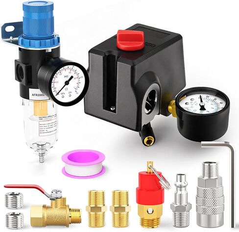 4 Way Air Compressor Pressure Switch Control Valve Kit 120-150 PSI, Lateral Port Replacement Parts, 110V-240V, With AFR2000 Air Filter Pressure Regulatorand Safety Pressure Relief Valve in Kuwait