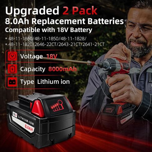2 Pack 8.0Ah Replacement Batteries Compatible with Milwaukee M18 Battery | 18 Volt Lithium Ion Battery for 48-11-1860 48-11-1850 48-59-1850 2646-22CT 2643-21CT 2641-21CT Cordless Power Tools in Kuwait