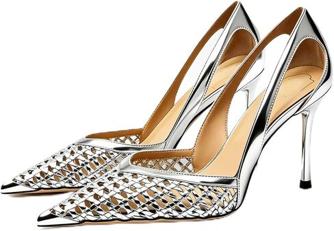 Women's Breathable PU Woven Stilettos Heels Sexy Pointed Toe Metal D'Orsay Cutout Elegant Dress Pumps for Wedding Evening Party in Kuwait