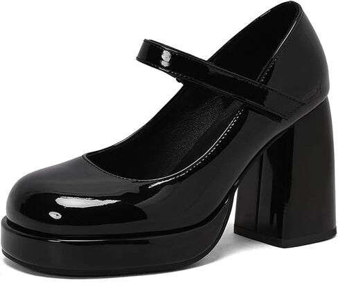Women's Patent Leather Platform Chunky Heels Mary Jane Shoes Round Toe Comfort Hook and Loop Dress Pumps Shoes for Wedding Party Prom in Kuwait