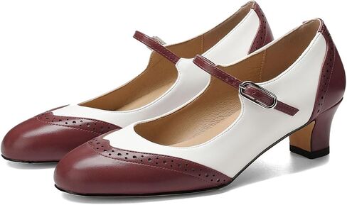 Women's Kitten Heel Two Tone Splicing Wingtip Mary Jane Pumps Closed Round Toe 1.8 Inch Chunky Heel with Ankle Strap Oxford Style Party Office Lady Dress Pumps Shoes in Kuwait