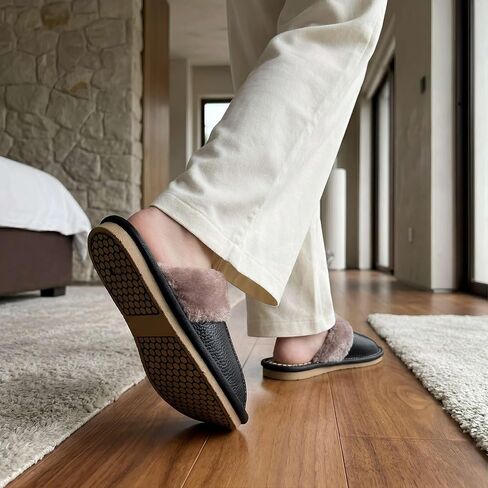 Genuine Leather Slippers for Men and Women, Graphene Footbed, Plush Lining, Indoor Outdoor House Slippers in Kuwait