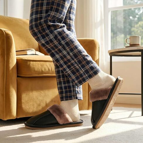 Genuine Leather Slippers for Men and Women, Graphene Footbed, Plush Lining, Indoor Outdoor House Slippers in Kuwait