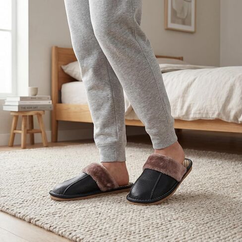 Genuine Leather Slippers for Men and Women, Graphene Footbed, Plush Lining, Indoor Outdoor House Slippers in Kuwait