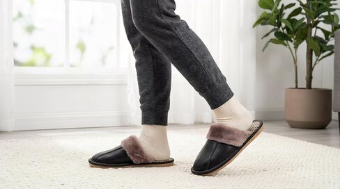 Genuine Leather Slippers for Men and Women, Graphene Footbed, Plush Lining, Indoor Outdoor House Slippers in Kuwait