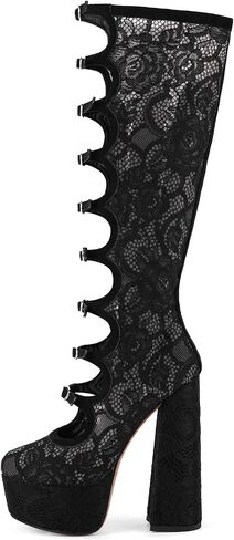 LISHAN Women's Platform Chunky Heel Lace Shoes Zipper Side High Heel Tall Buckle Pumps in Kuwait