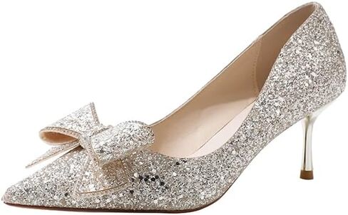 Women's Glitter Stiletto Pumps with Bow, Pointed Toe Heels | Sequin Upper, Bridal Wedding Shoe, Slip-On Style, Gold & Silver Tones, Formal Occasion in Kuwait