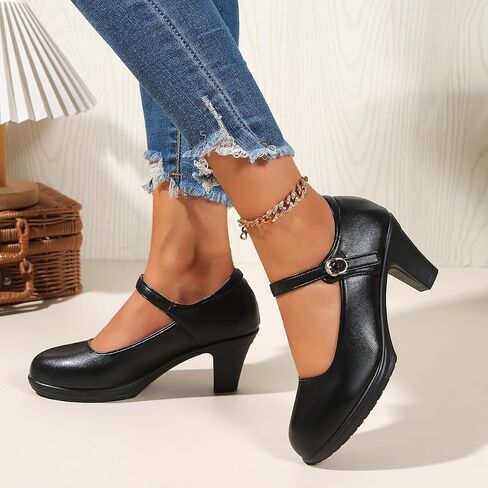 Women's Mary Jane Block Heel Pumps - Comfortable Round Toe Ankle Strap Work Shoes, Non-Slip Chunky Heel Dress Shoes for Office, Business in Kuwait
